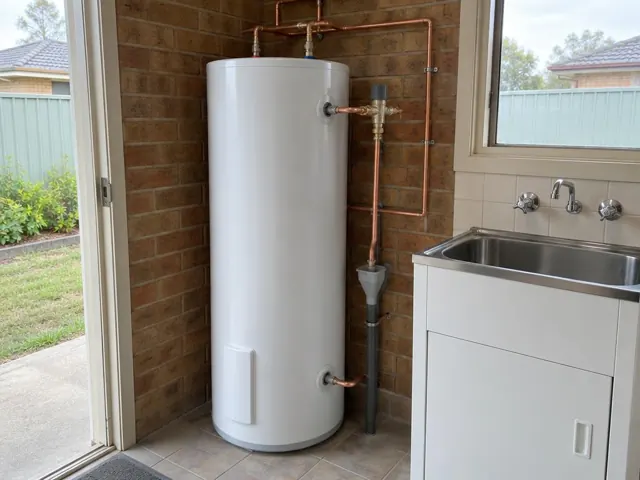New hot water cylinder beside a laundry sink on a brick wall in Maryland